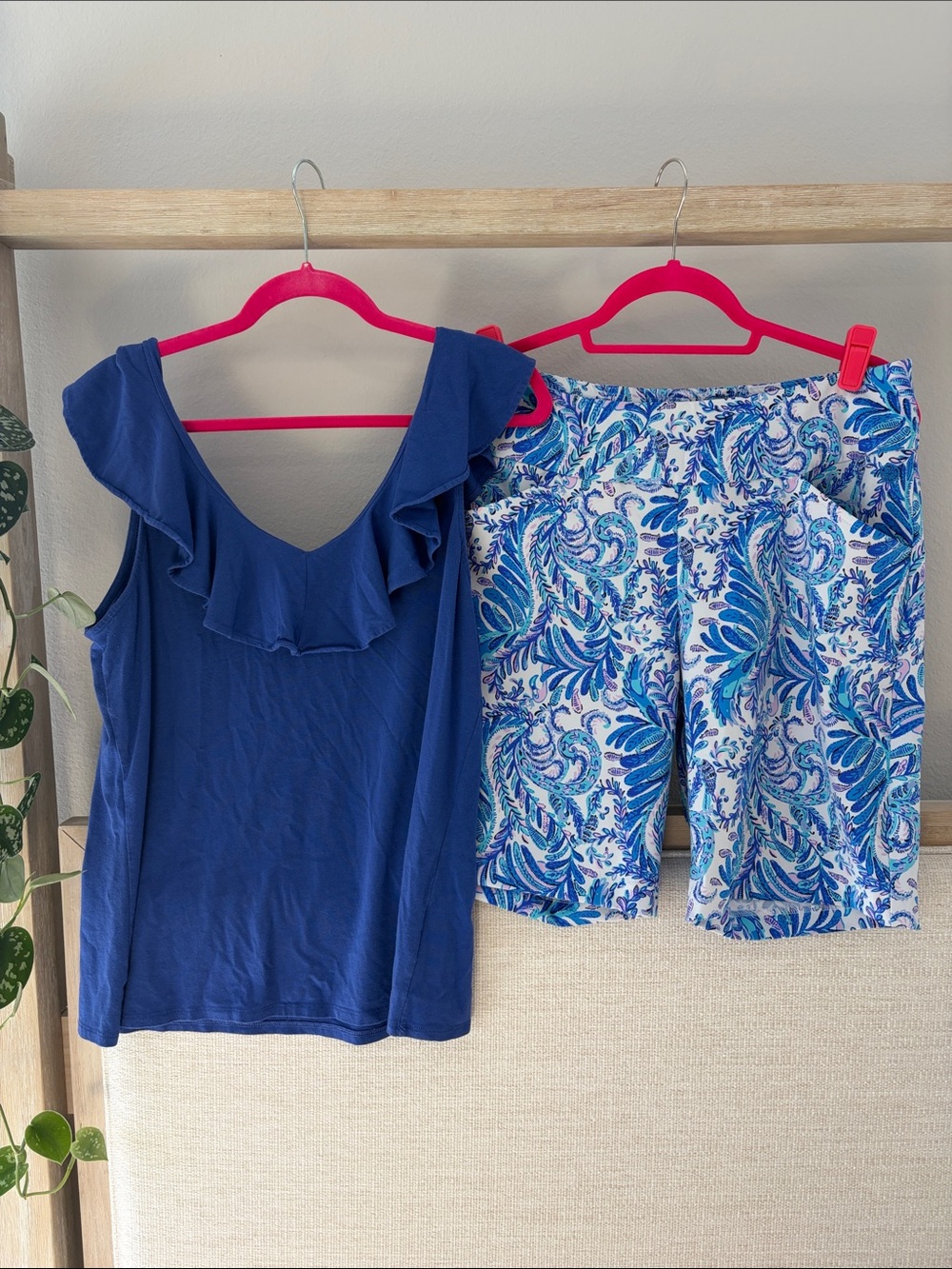 Lilly Pulitzer Blue Ruffle Tank with Blue & White Paisley Bermuda Shorts